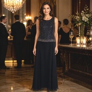 Chadwick's 18W Beaded Sleeveless Formal Gown – Navy Sparkle Top Chiffon Skirt